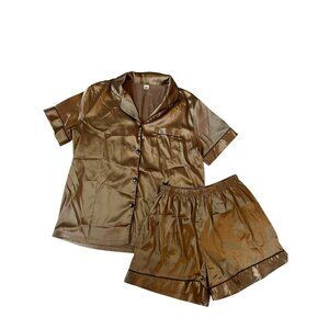 Brown Satin Short Sleeve Pajama Top & Shorts Women's Size Medium